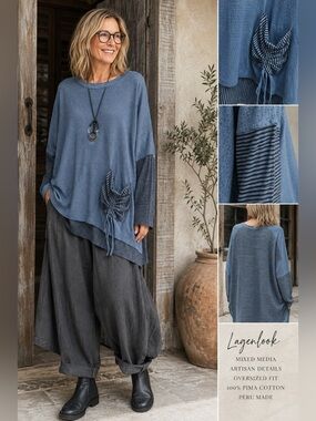 Iridium XL Pima Cotton Lagenlook Mixed Media Oversized Tunic Top Blue
